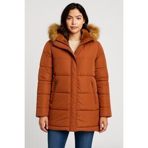 Be Boundless Rust Orange Faux Fur Hooded Puffer Coat | Size Small